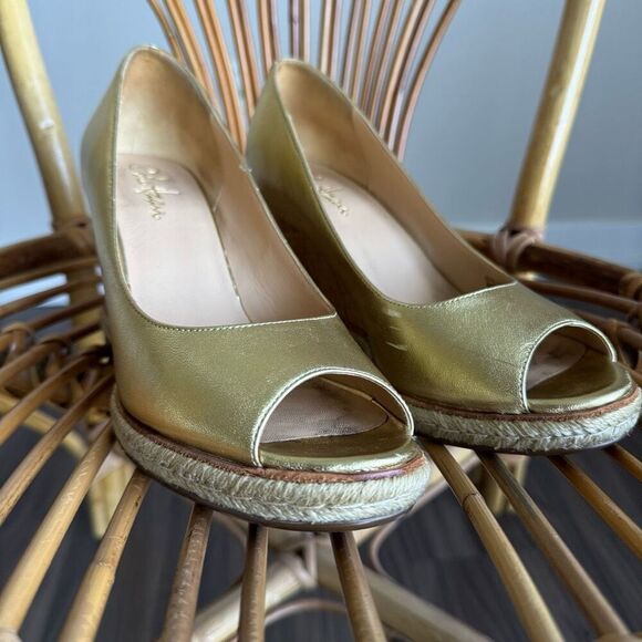 Cole Haan Gold Metallic Peep Toe Wedges With Cork Wedge Heel - Picture 6 of 8